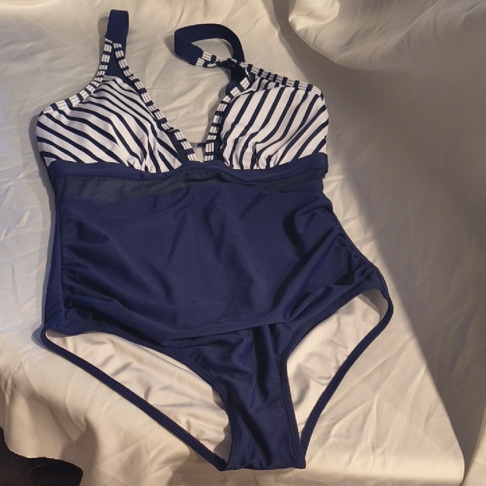 Navy and White Striped One-Piece Swimsuit